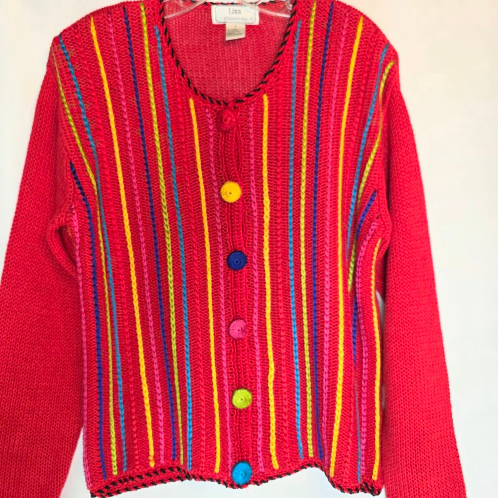 Vintage Lisa International Red Multicolor‎ Striped Crochet Buttons Cardigan S